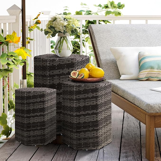 Sundale Outdoor Wicker Side Table Set of 3, Nesting Rattan Coffee End Tables for Small Spaces, Weatherproof Patio Furniture, Lightweight Indoor/Outdoor Use, Dark Grey