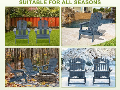 Foldable All-Weather Adirondack Chair, Outdoor Patio Lawn Chair With Wide Armrest, Solid Wood Fire Pit Front Porch Set, 350 Lbs, Navy Blue