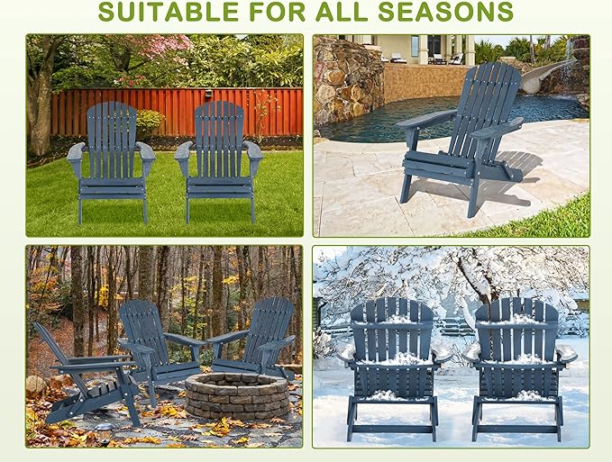 Folding Adirondack Set of 2, All-Weather Lawn Chairs With Wide Armrest, Solid Wood Outdoor Patio Set for Fire Pit, Front Porch, 350 Lbs, Navy Blue