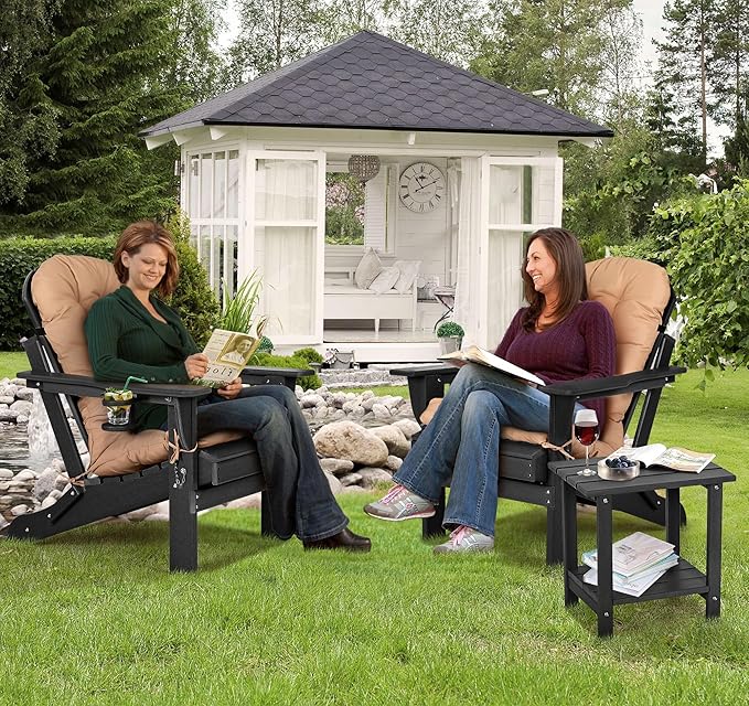 nalone Folding Adirondack Chair with Cushion with Cup Holder, HDPE Plastic Oversized Patio Chair Weather Resistant, Used in Outdoor, Fire Pit, Deck, Garden, Campfire Chairs (Black)