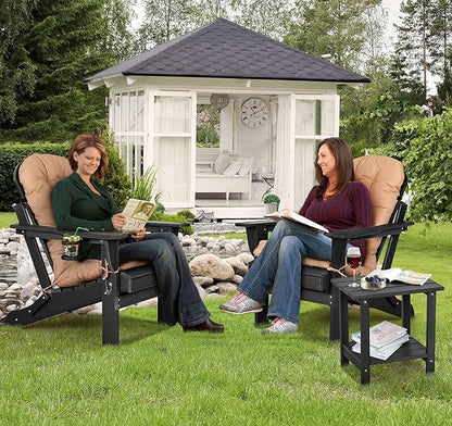 nalone Folding Adirondack Chair with Cushion with Cup Holder, HDPE Plastic Oversized Patio Chair Weather Resistant, Used in Outdoor, Fire Pit, Deck, Garden, Campfire Chairs (Black)