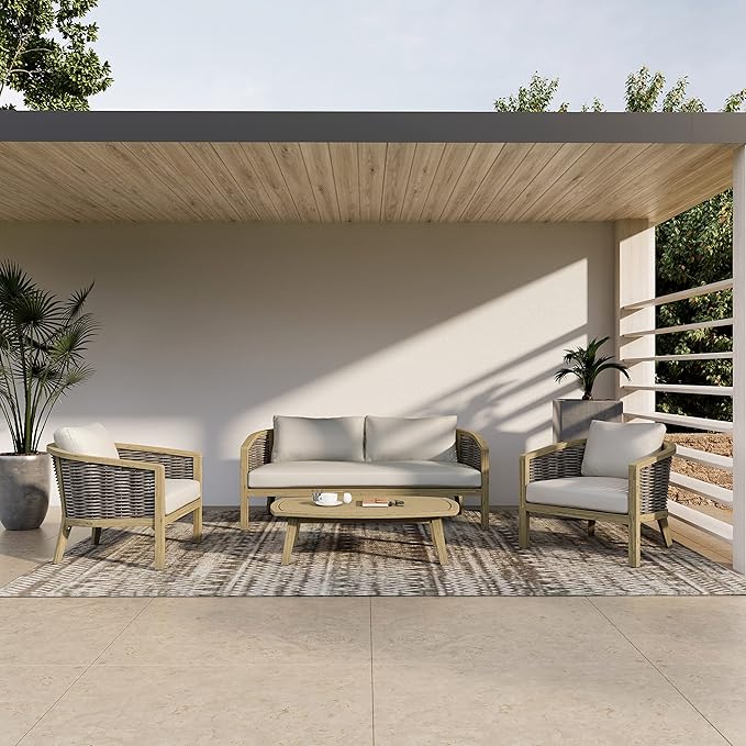 SIMPLIHOME Parkside SOLID ACACIA WOOD 70 inch Wide Rectangle Contemporary 4 Piece Outdoor Conversation Set in Natural - Photo 2