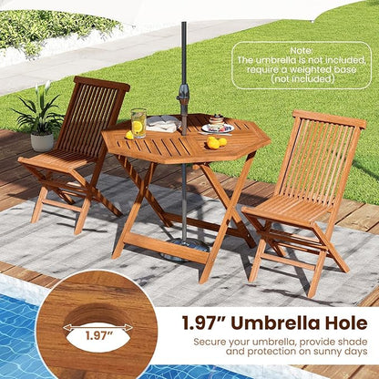 Tangkula 35.5" Octagonal Patio Dining Table, Hardwood Outdoor Bistro Table with Slatted Tabletop, 1.97" Umbrella Hole & Teak Oil Finish, Outside Table for Porch Balcony Deck Poolside Yard