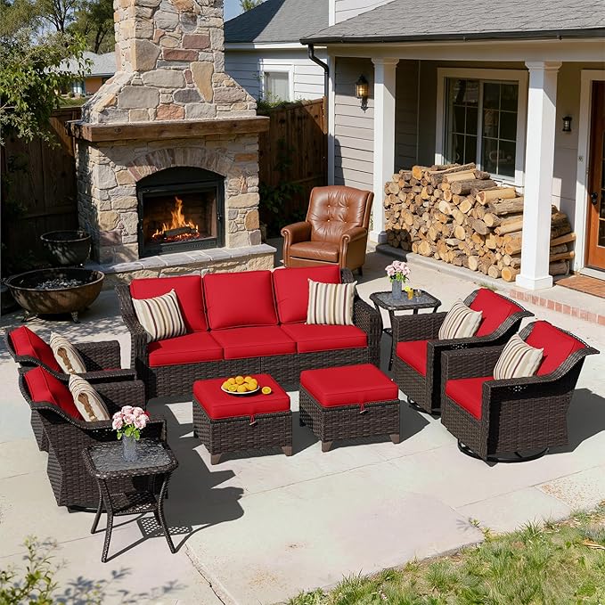 9 Pieces Patio Conversation Furniture Set - 1 Sofa, 2 Ottomans, 4 Swivel Chairs, 2 Side Tables - Photo 7