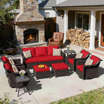 9 Pieces Patio Conversation Furniture Set - 1 Sofa, 2 Ottomans, 4 Swivel Chairs, 2 Side Tables, Outdoor Wicker Furniture with Removable Cushions for Porch, Balcony, Sunroom (Red)