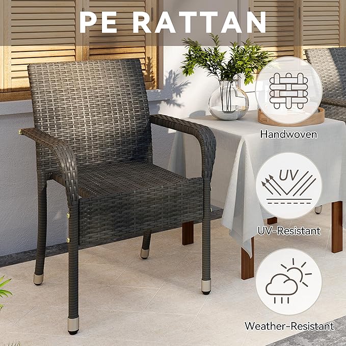 Yaheetech Set of 2 Stackable Outdoor Rattan Dining Chairs, All-Weather Firepits Armchair w/Armrests, Steel Frame for Garden, Patio, Deck, Yard, Poolside, Gray