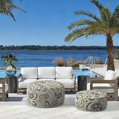 LVTXIII Indoor/Outdoor Inflatable Ottoman with Handle D21 x H9 Inch, Weather-Resistant Round Footstool Pouf for Patio Camping Living Room, Portable Footrest Extra Seating, Paisley Light Cyan