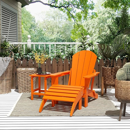 WestinTrends Malibu Outdoor Lounge Chairs, 3-Pieces Adirondack Chair Set with Ottoman and Side Table, All Weather Poly Lumber Patio Lawn Folding Chair for Outside Pool Garden Backyard, Orange