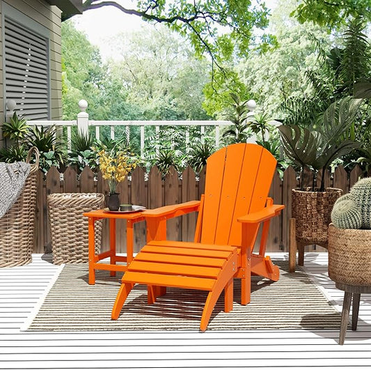 WestinTrends Malibu Outdoor Lounge Chairs, 3-Pieces Adirondack Chair Set with Ottoman and Side Table, All Weather Poly Lumber Patio Lawn Folding Chair for Outside Pool Garden Backyard, Orange