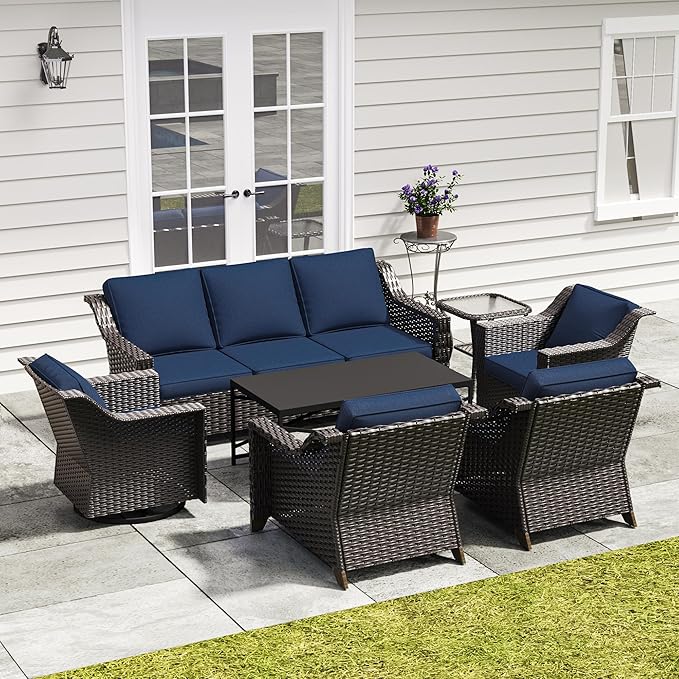 7 Pieces Outdoor Conversation Furniture Set - 77" Patio Sofa, 2 Armchairs, 2 Swivel Glider Chairs, 1 Side Table - Photo 1