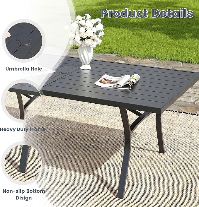 VICLLAX 70.9" Patio Dining Table, Outdoor Rectangular Metal Table for 8 with Umbrella Hole for Porch Backyard Garden Deck, Black