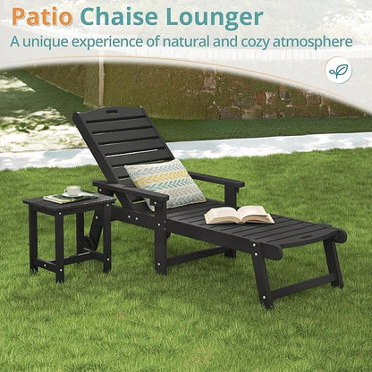 LUE BONA Outdoor Lounge Chair Set with Table, 3-Piece, HDPS Chaise Lounge Outdoor with Wheels, 5 Positions Adjustable Pool Lounger Chairs for Outside, Patio, Deck, Black