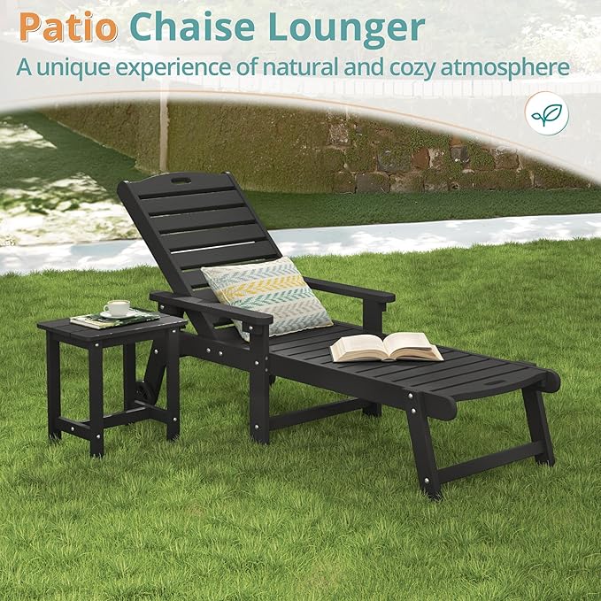 LUE BONA Lounge Chair Outdoor with Table, 2-Piece, HDPS Chaise Lounge Outdoor with Wheels, 5 Positions Adjustable Pool Lounger Chairs for Outside, Patio, Deck, Black