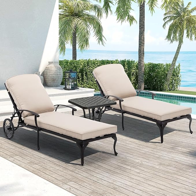 Chaise Lounge Chair Outdoor- Patio Pool Chairs Tanning Lounges for Outside Beach Lounger Cast Aluminum Set of 2 Reclining Beige with Side Table