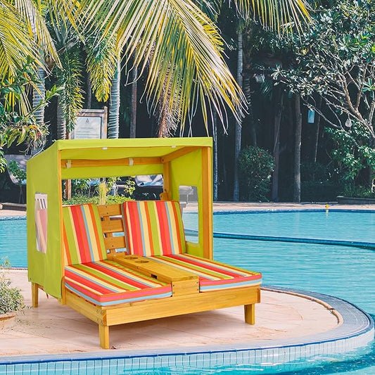 COSTWAY Kids Double Chaise Lounge Outdoor, 2-Seat Patio Lounge Chair with Cup Holders & Cushions, Kids Beach Chair with Canopy, Wood Patio Furniture for Children Boys Girls 3-8 Year Old