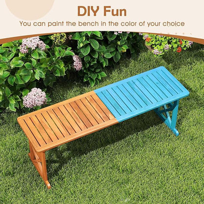HAPPYGRILL Acacia Wood Outdoor Bench for 2-3 People, Patio Bench with Slatted Seat & X-Shaped Frame, for Porch Garden Backyard and Park (2)