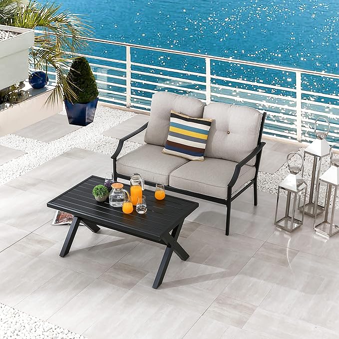 LOKATSE HOME Outdoor Loveseat and Coffee Table Metal Conversation Set Patio Furniture with Cushions for Poolside - Photo 6