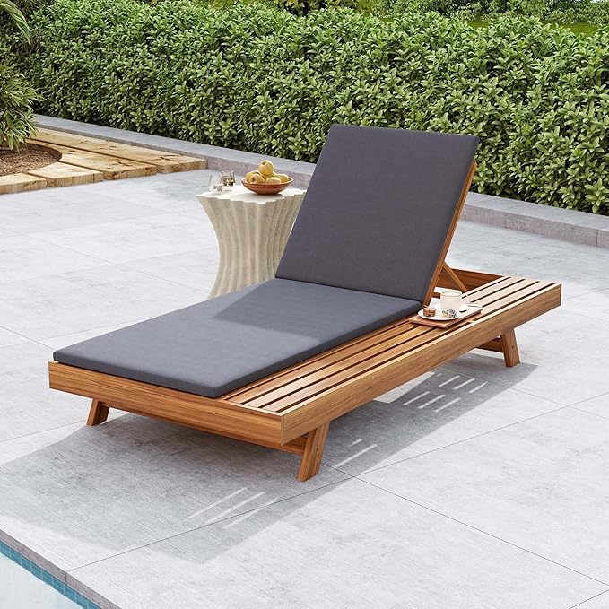 Acacia Wood Outdoor Chaise Lounge with Open Slatted Side, 4-Position Pool Lounge Chairs with All-Weather Cushion - Photo 1