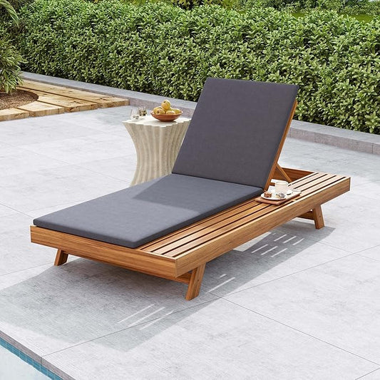 Acacia Wood Outdoor Chaise Lounge with Open Slatted Side, 4-Position Pool Lounge Chairs with All-Weather Cushion, Teak Finish Reclining Patio Chair, 300Lbs Capacity (Dark Grey, 2 inch)