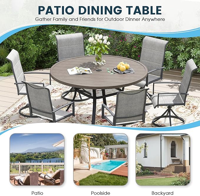 Patio Dining Table for 4-6, Round Metal Outdoor Table with 1.57" Umbrella Hole, 47" Outdoor Slat Tabletop Dining Table for Backyard, Porch, Lawn, Grey