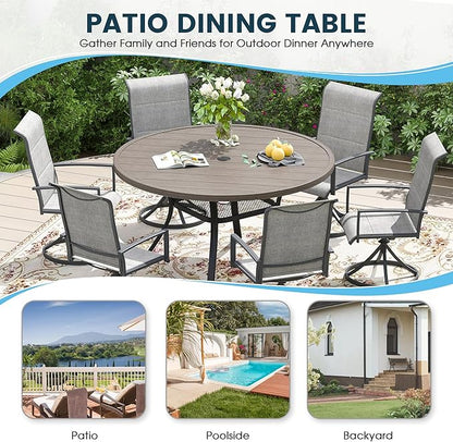 Patio Dining Table for 4-6, Round Metal Outdoor Table with 1.57" Umbrella Hole, 47" Outdoor Slat Tabletop Dining Table for Backyard, Porch, Lawn, Grey