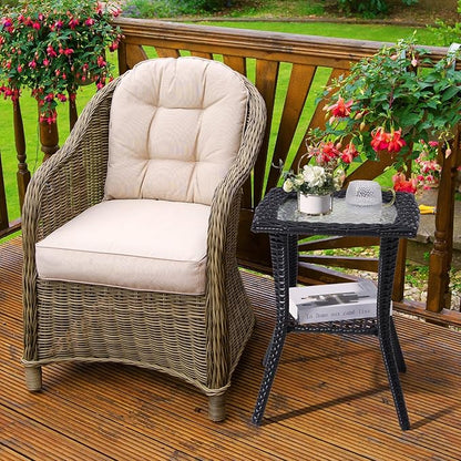 Henf Wicker Rattan Side Table Outdoor Square End Table Coffee Table with Glass Top, Patio Wicker Garden Side Table Small End Table with Storage for Patio Courtyard Balcony, Black-style B