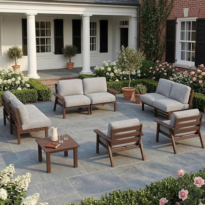 HDPE Patio Furniture Set 8 Seats, Outdoor Couch with Washable Thick Gray Cushions & Side Table, Outdoor Sectional Furniture for Backyard, Deck, Lawn, Porch (Brown Frame)