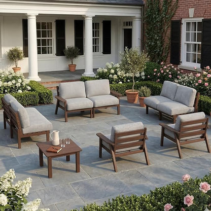 HDPE Patio Furniture Set 8 Seats, Outdoor Couch with Washable Thick Gray Cushions & Side Table, Outdoor Sectional Furniture for Backyard, Deck, Lawn, Porch (Brown Frame)