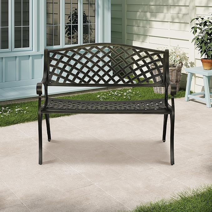 Clihome Patio Bench Garden Benches for Outdoors Cast Aluminium Park Bench Metal Porch Bench Front Porch Bench for Outdoor for Balcony, Porch, Backyard, Garden