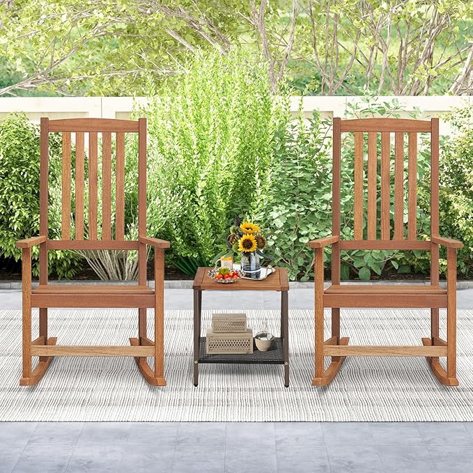 Tangkula Outdoor Wood Rocking Chair, Ergonomic High-Back Patio Rocker with Smooth Rocking Base, Slatted Design, Perfect for Patio, Poolside, Backyard