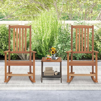 Tangkula Outdoor Wood Rocking Chair, Ergonomic High-Back Patio Rocker with Smooth Rocking Base, Slatted Design, Perfect for Patio, Poolside, Backyard
