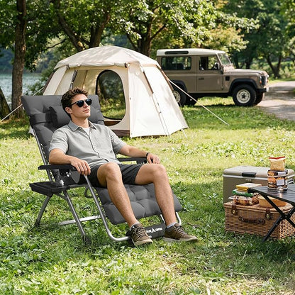 Amopatio Oversized Zero Gravity Padded Chair w/Removable Cushion&Headrest, XXL 33In Reclining Camping Lounge Chair Upgraded Lock and Footrest, Folding Patio Recliner for Indoor Outdoor, Dark Grey