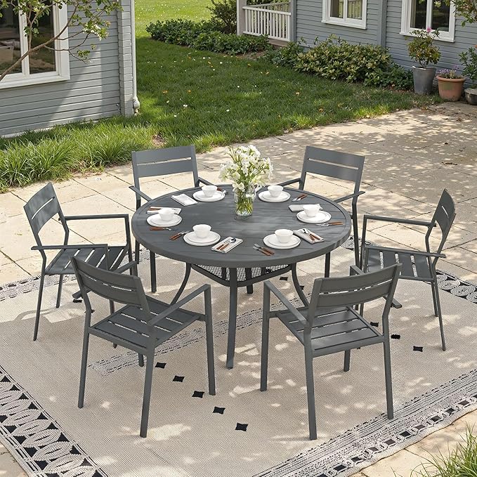 47.2" Patio Dining Table for 6, Round Outdoor Metal Dining Table with Umbrella Hole for Lawn Garden Backyard, Dark Grey