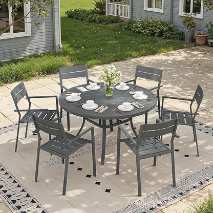 47.2" Patio Dining Table for 6, Round Outdoor Metal Dining Table with Umbrella Hole for Lawn Garden Backyard, Dark Grey