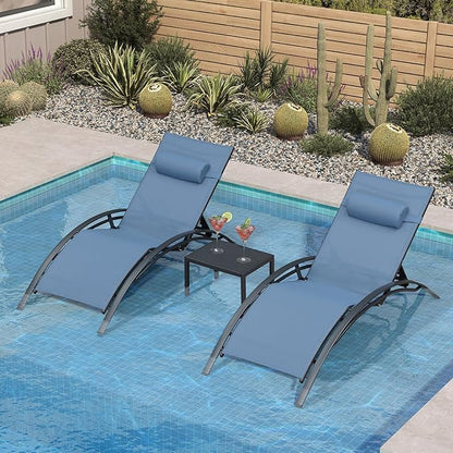 PURPLE LEAF Patio Oversized Chaise Lounge Chair Set with Side Table Pool Adjustable Recliner Chairs for Outside Beach Outdoor Sunbathing Tanning Poolside Lounger Chair, Indigo
