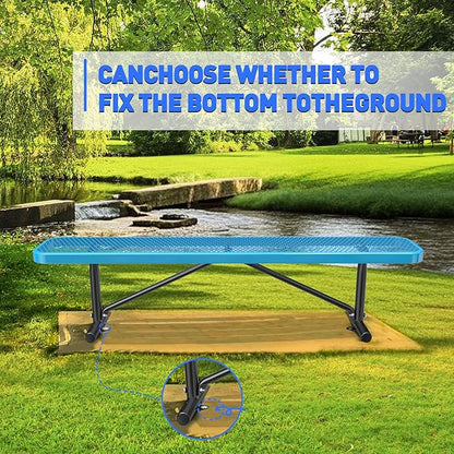 Thermoplastic Coated Iron Park Bench for Outside, Heavy Duty Metal Garden Bench, Expanded Commercial Grade Seating for Shopping Malls, Lawn Yard Porch Entryway (Blue without Backrest, 72IN)