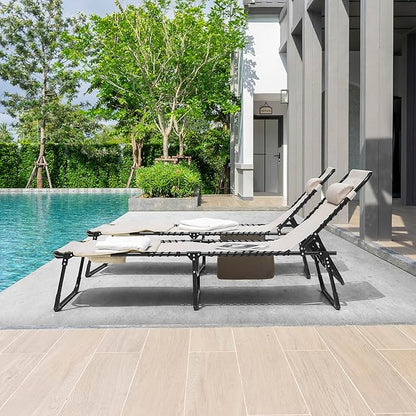 NUU GARDEN Set of 2 Folding Oxford Chaise Lounge Chair, Patio Tanning Chair with Face Hole Adjustable 5-Position Chaise Lounge Chairs, Reclining Lounge Chair with Pillow for Beach, Pool, Pool, Khaki