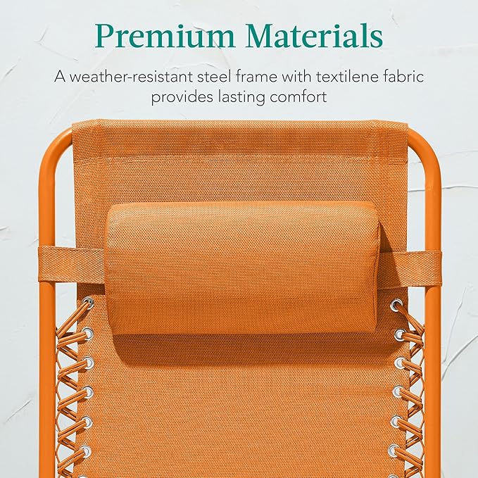 Best Choice Products Adjustable Zero Gravity Chair, Monochromatic Color Folding Patio Recliner w/Side Tray, Headrest - Tangerine