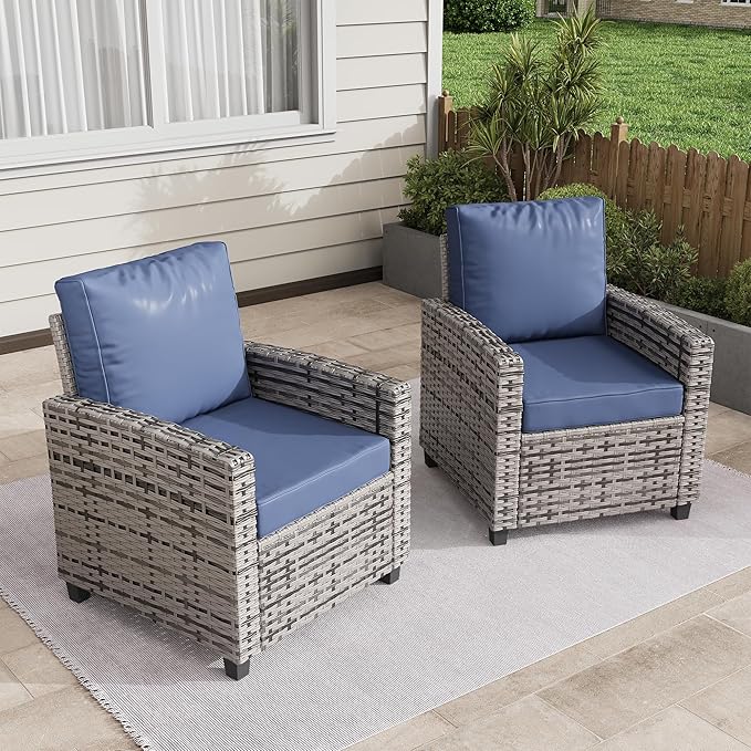 2 Pieces Patio Furniture Set, Outdoor Wicker Chairs Set of 2, All Weather High Back Rattan Chairs, Seating Club Chair Porch Chairs Set with Cushions for Balcony Porch Deck, Blue2