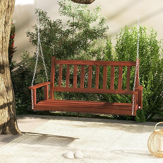 Tangkula 2 Person Wooden Porch Swing, Hanging Patio Swing with 2 Adjustable Galvanized Metal Chains, Slatted Back & Seat - Photo 8