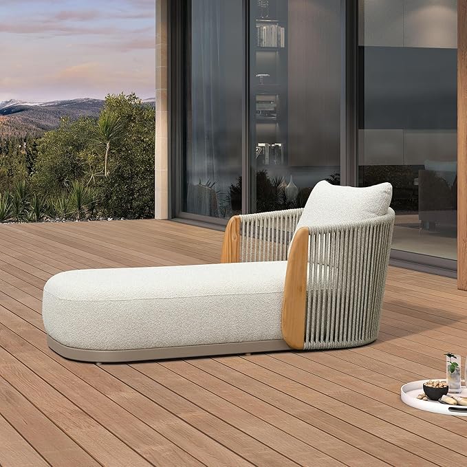 PURPLE LEAF Olefin Patio Chaise Lounge Chair Outdoor 1 Piece, Upholstered Pool Lounge Chairs for Outdoor with Teak Armresfor Deck, Pool, Lawn, Garden, Courtyard, Porch, Khaki