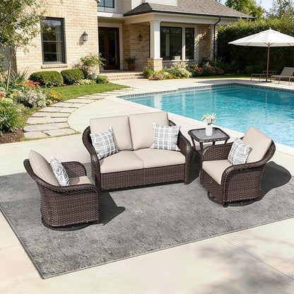 4 PCS Outdoor Conversation Set | 55" Couch, 2 Swivel Chairs, 1 Side Table， Patio Wicker Conversation Furniture with Removable Cushions for Bistro, Deck, Sunroom(Beige)
