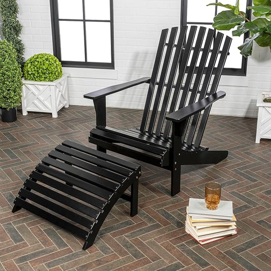 Eyely KDA1000C Zalenor 2-Piece Traditional Rustic Acacia Wood Adirondack Chair with Detachable Ottoman, Black
