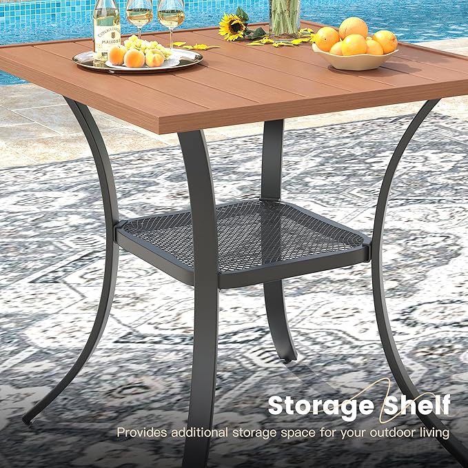 VICLLAX Patio Dining Table, Square Table Metal Outdoor Bistro Table with Rack for Balcony Garden Deck, 28inch Walnut