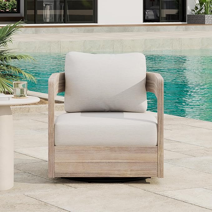Christopher Knight Home Telluride Outdoor Acacia Wood Swivel Club Chair with Removable Cushion, 360° Rotating Patio Armchair for Garden, Balcony, or Poolside Seating, Beige + Light White