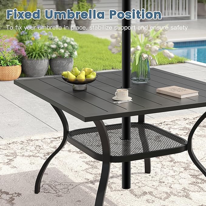 DIFY Square Patio Dining Table for 4, 38" Black Outdoor Metal Dining Table with 1.57" Umbrella Hole for Backyard, Lawn, Garden and Deck