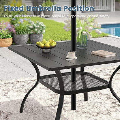 DIFY Square Patio Dining Table for 4, 38" Black Outdoor Metal Dining Table with 1.57" Umbrella Hole for Backyard, Lawn, Garden and Deck