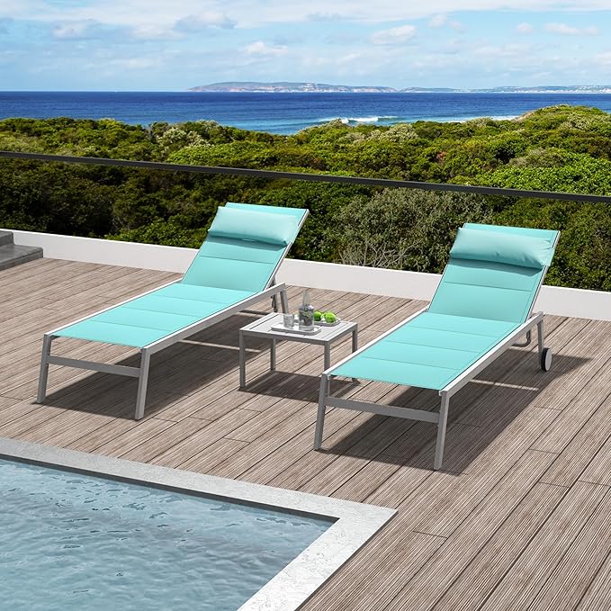 Domi Patio Chaise Lounge Set of 2 with Side Table, Adjustable Full Aluminum Pool Lounge Chairs with Wheels - Photo 1