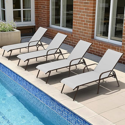 Crestlive Outdoor Chaise Lounge Chair,5-Position Pool Lounge Chairs with Armrests Sunbathing Recliner for Patio,Beach,Deck,Yard (4PC Brown)