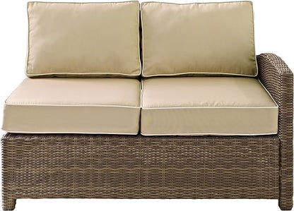 Crosley Furniture Bradenton Outdoor Sectional Right Side Loveseat, 2-Person Wicker Patio Couch for Deck, Brown with Sand Cushions